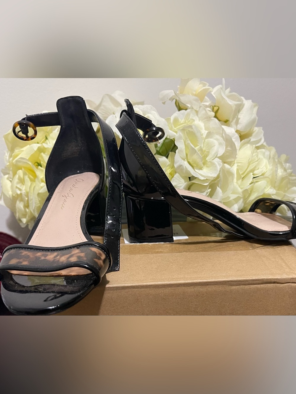 Amelia Grace Black Patent Tortoiseshell Block Heel Ankle Strap Sandals